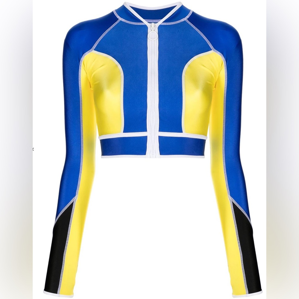 Duskii 
JEM CROP RASH TOP | NEON BLUE & YELLOW
EUC
Size Medium
Thumb holes